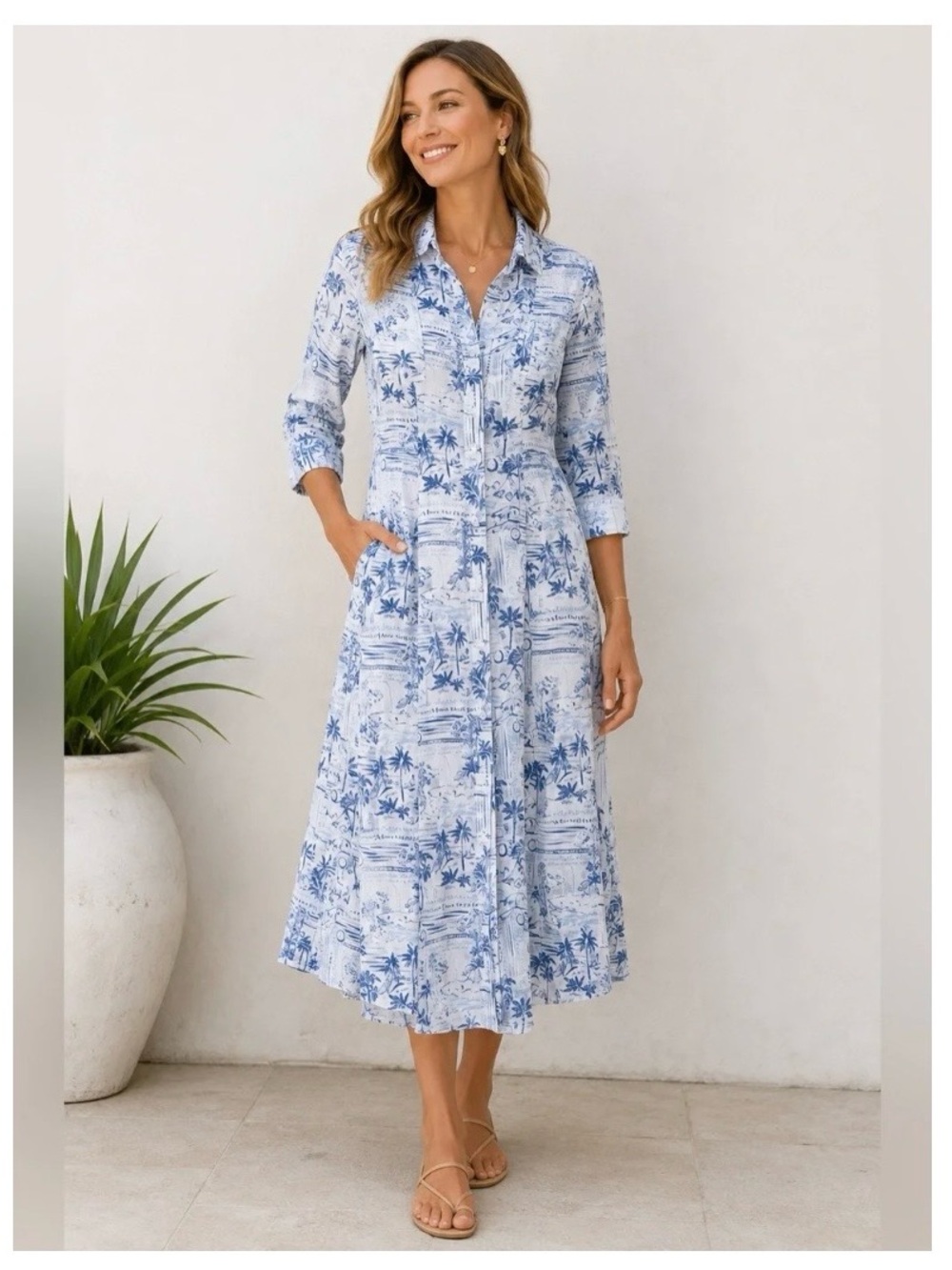 Calypso St. Barth Blue and White Print Linen Dress NWT, Sz XL